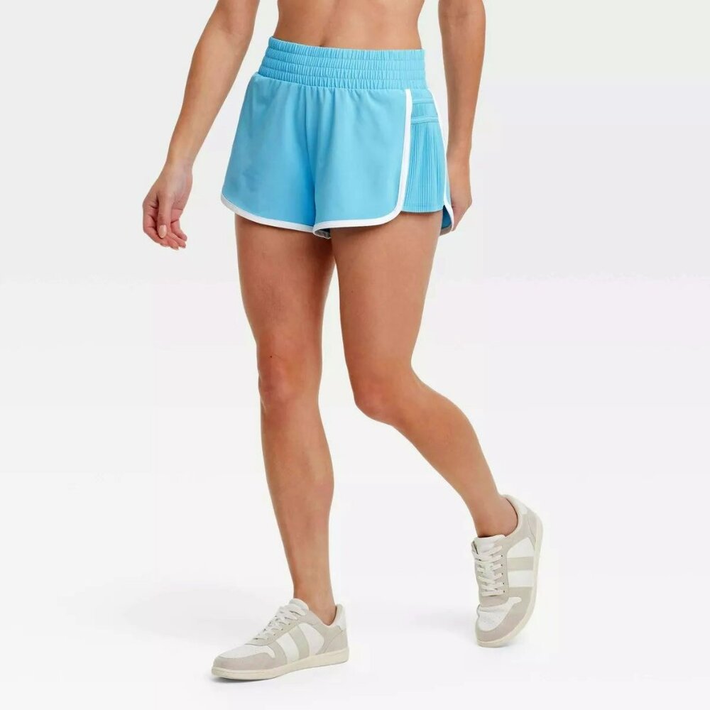 Women's Workout Shorts Mid-Rise 2.5" inseam Blue with White Piping Size M